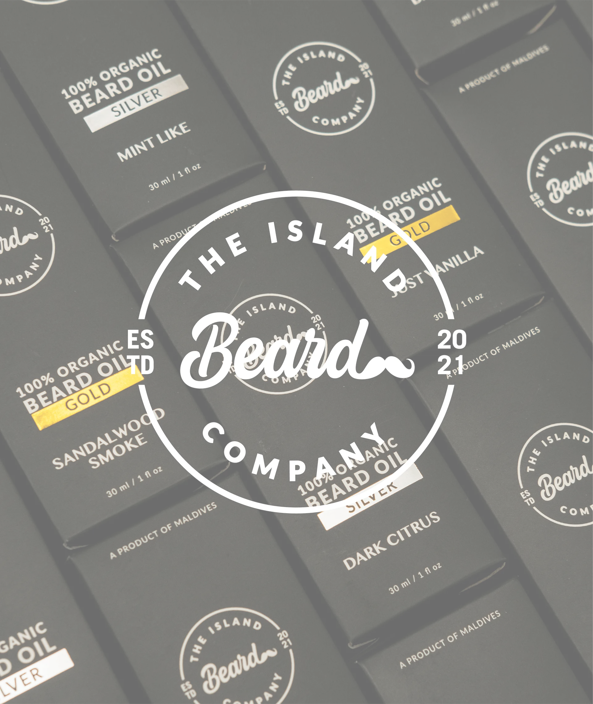 Badge logo over black beard oil packaging