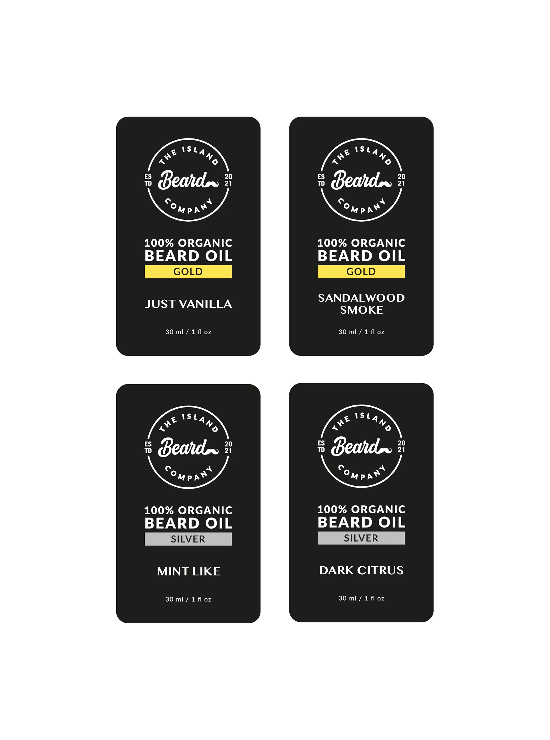 Label designs for the four beard oil scents