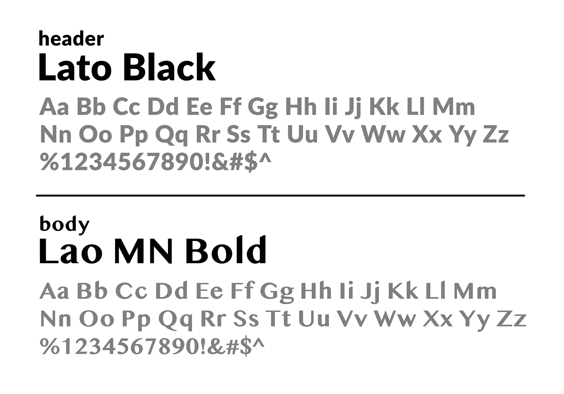 Brand typography: Lato Black for headings, Lao MN Bold for body text