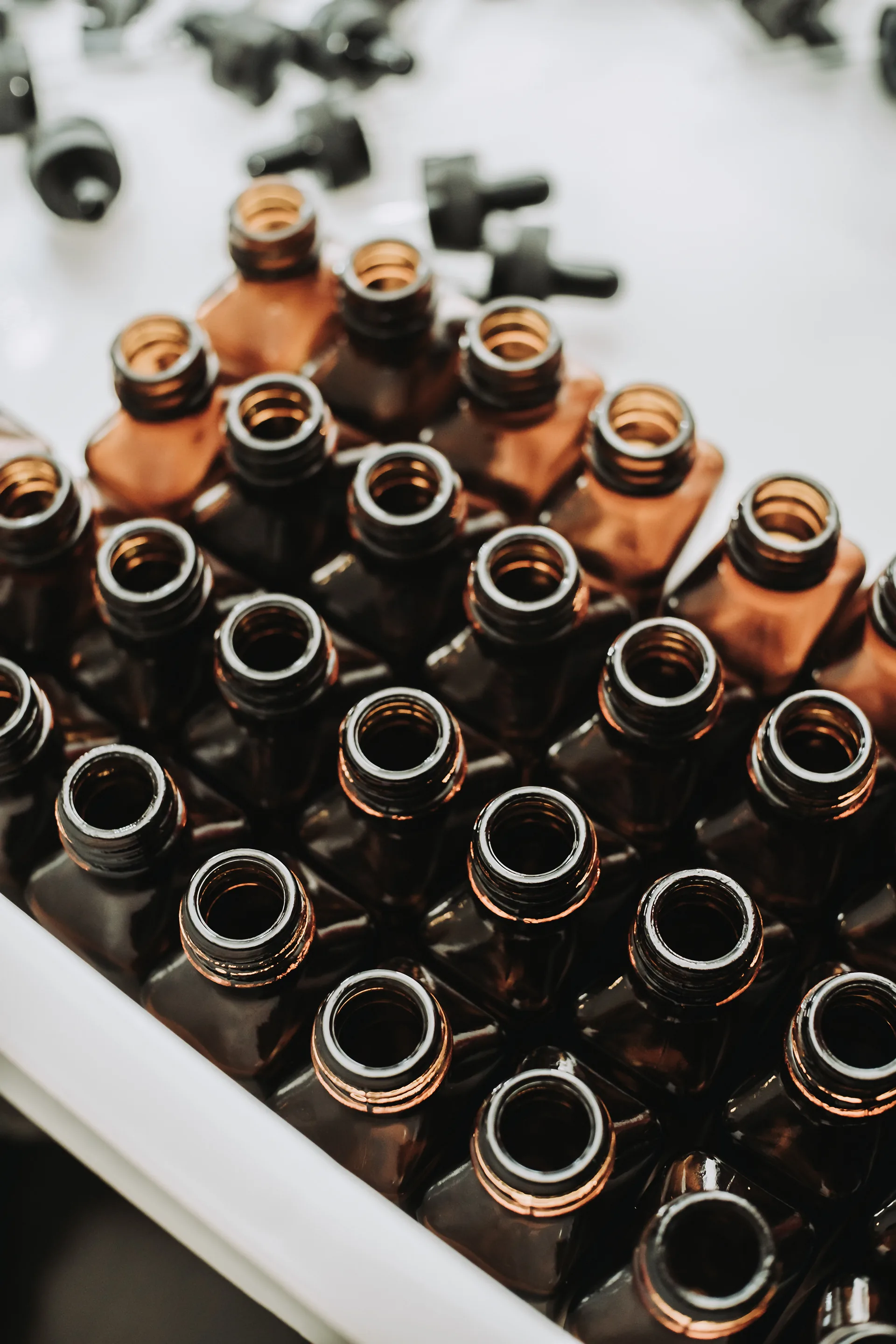 Rows of empty amber bottles ready for filling