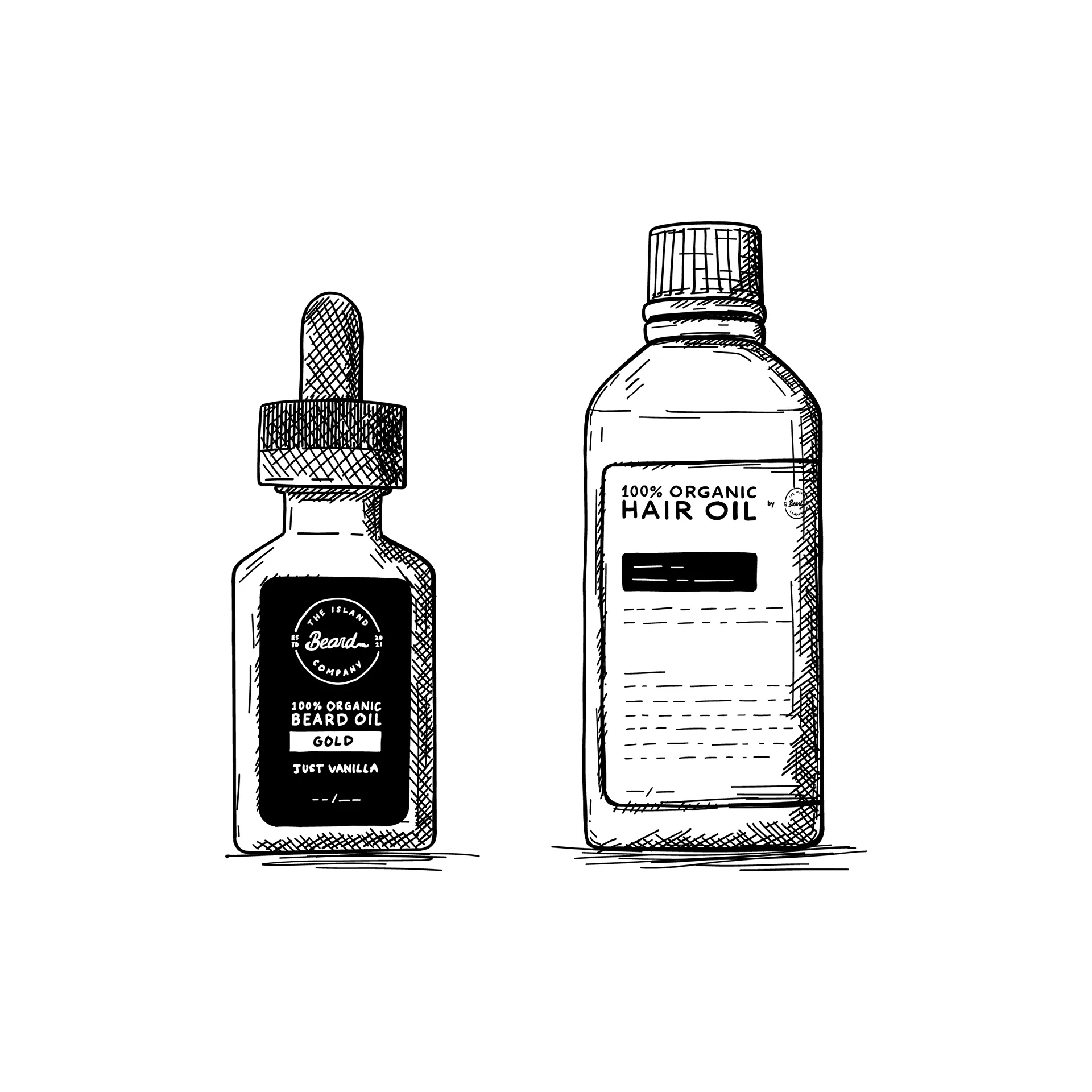 Line illustration of beard oil and hair oil bottles